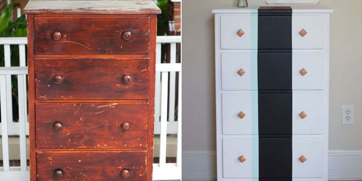 Before and after of dresser redone with homemade chalk paint