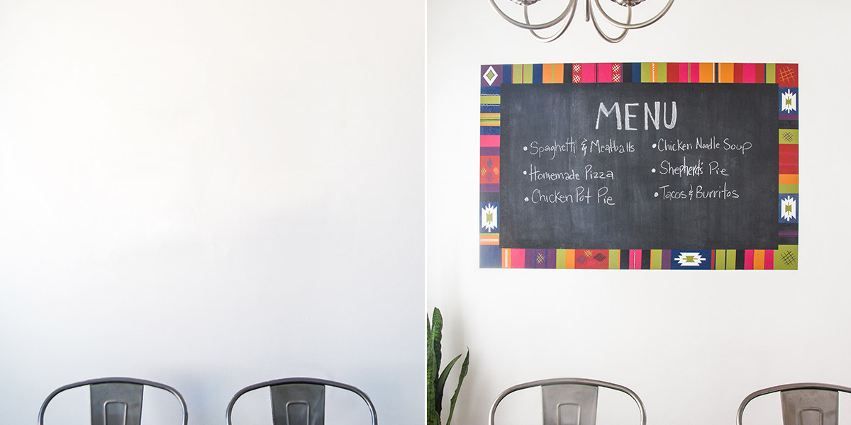 Before and after of wall chalkboard inspired by Turkish rug design
