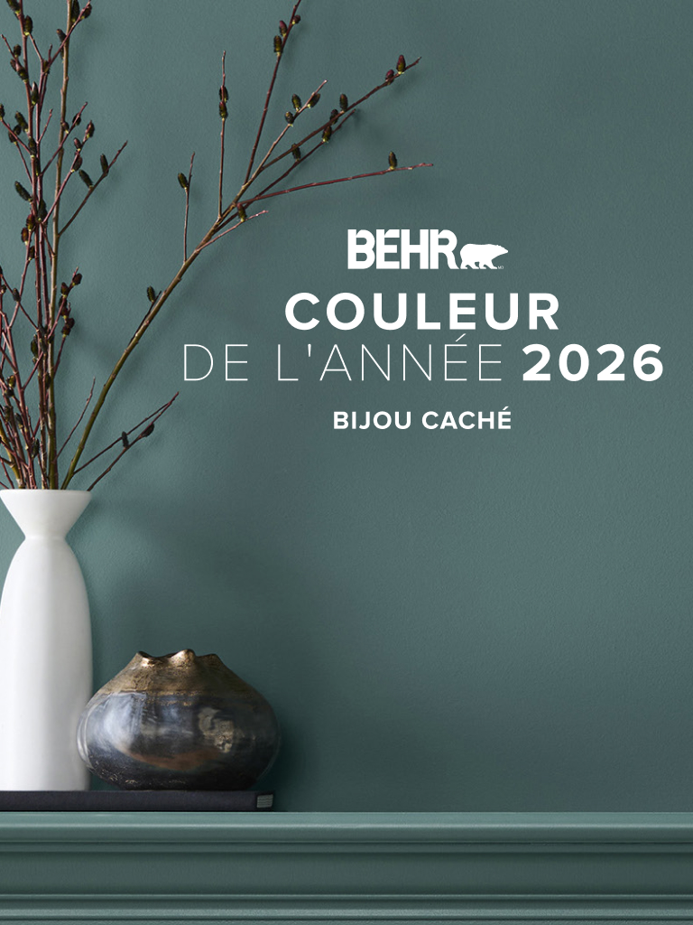 Mobile-sized banner image of a living room painted in Rumors, Hidden Gem, featuring Behr 2026 Colour of the Year, Hidden Gem