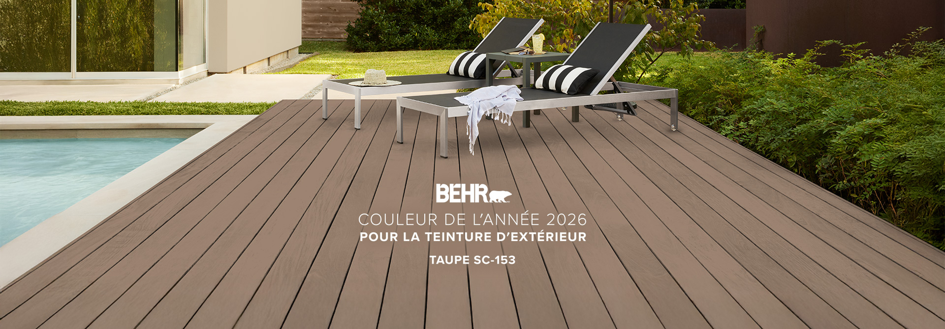 Wooden deck stained in Taupe, featuring Behr 2026 Colour of the Year, Taupe