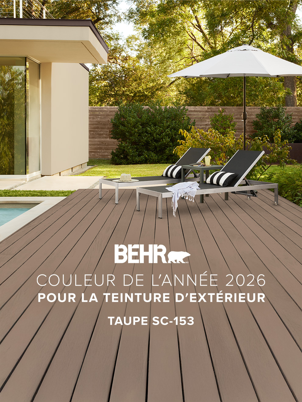 Mobile-sized image of a wooden deck stained in Taupe, featuring Behr 2026 Colour of the Year, Taupe