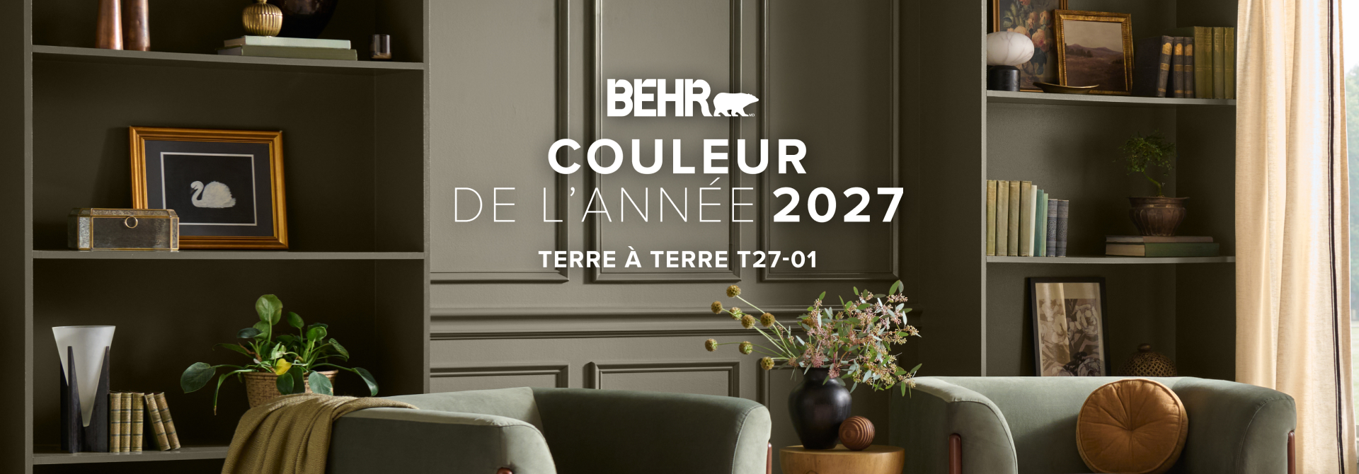 Living room painted in Grounded, featuring Behr 2027 Colour of the Year, Grounded