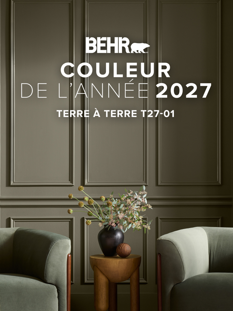 Mobile-sized banner image of a living room painted in Grounded, featuring Behr 2027 Colour of the Year, Grounded
