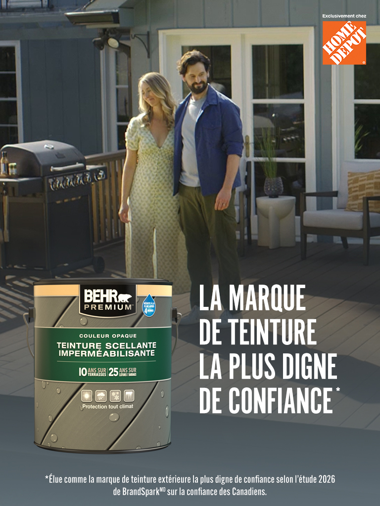 Mobile-sized image of a family admiring their newly stain deck and the words Most Trusted Stain Brand in foreground.