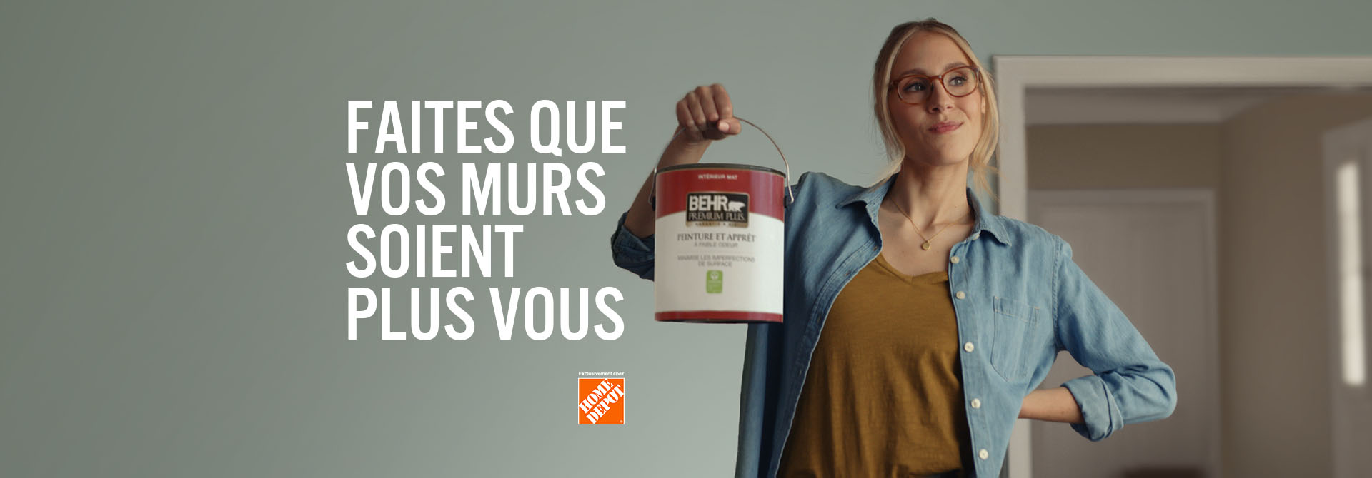 Can of BEHR PREMIUM PLUS Flat interior paint and the words Most Trusted Paint Brand* in foreground.