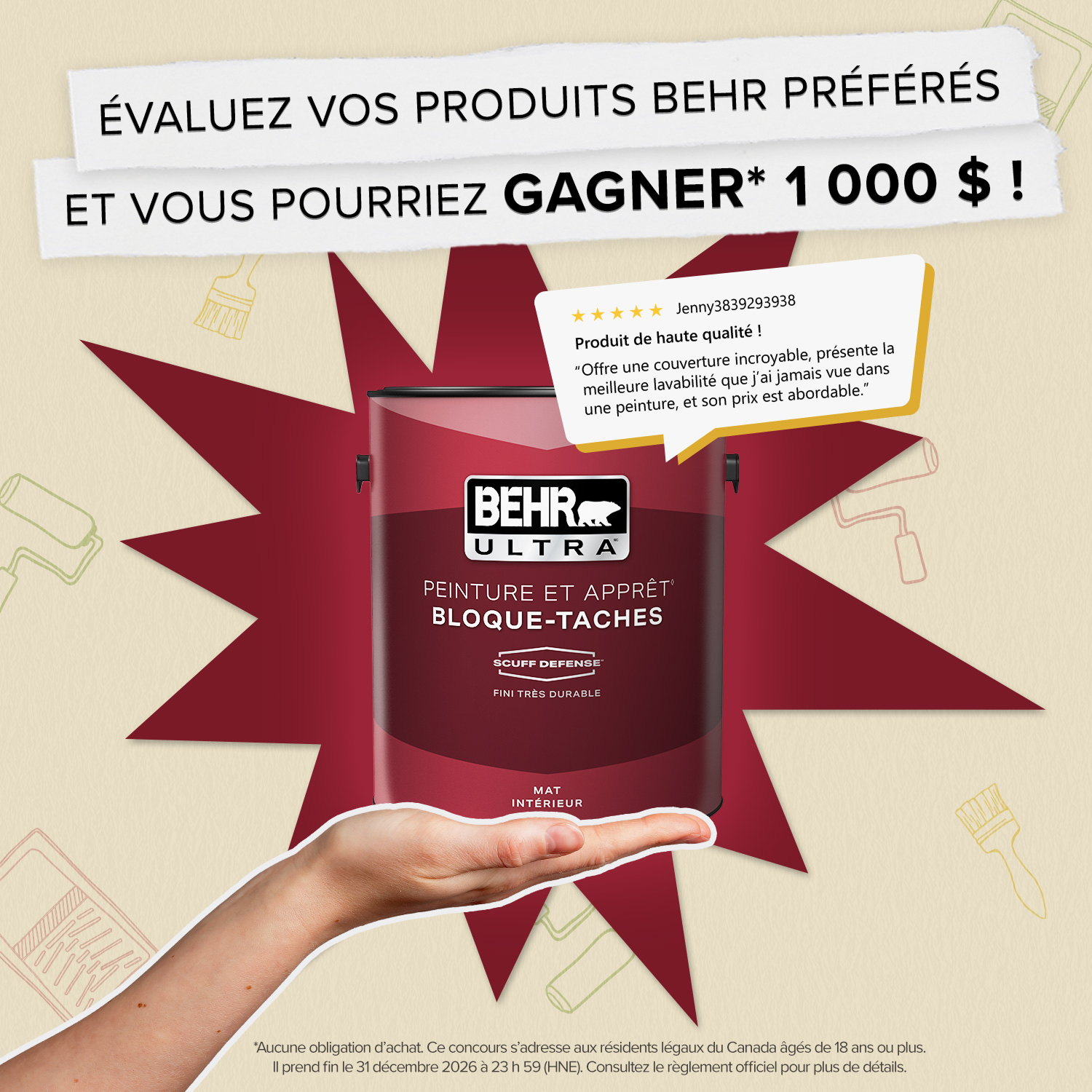 Rate & Win Sweepstakes 2026 with Behr Interior Paint cans in the foreground and a yellow painted wall in the background.