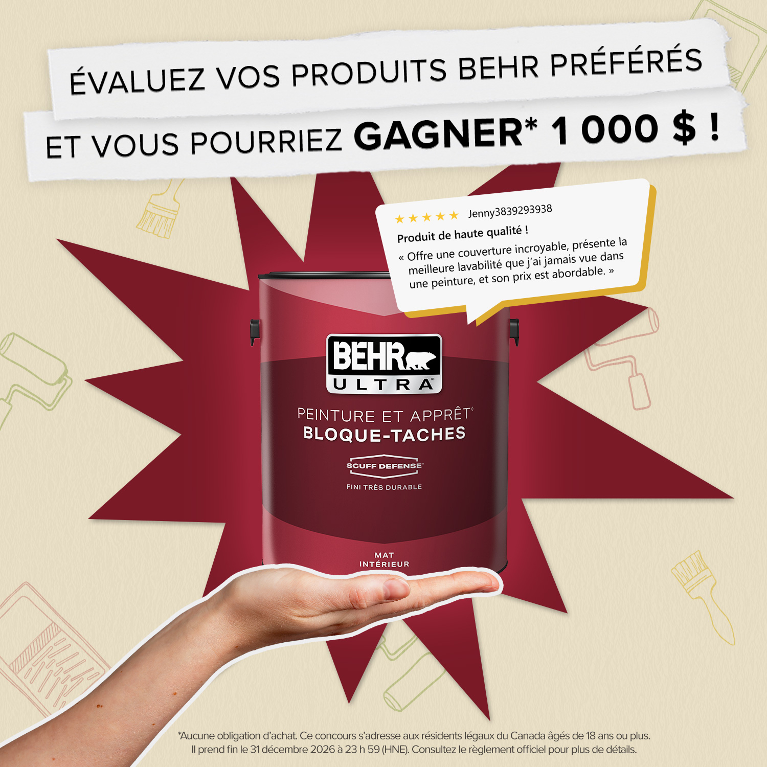 Rate & Win Sweepstakes 2026 image with a paint can and positive review.