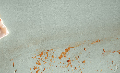Person's hand cleaning a food stain off the wall