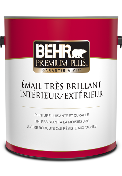 One 3.79 L can of Behr Premium Plus interior/exterior paint, hi-gloss enamel