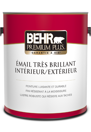 One 3.79 L can of Behr Premium Plus interior/exterior paint, hi-gloss enamel