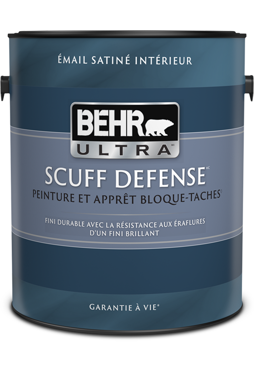 One 3.79 L can of Behr Ultra Scuff Defense interior paint, satin enamel