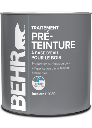 Can of Behr Water Based Pre Stain Wood Conditioner, interior