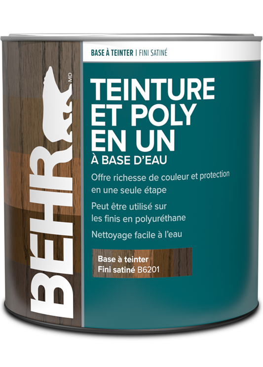 Can of Behr Water Based Stain and Poly in one, interior