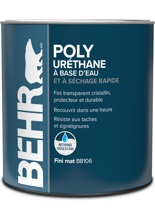 Can of Behr Fast Drying Water Based Poly Urethane, interior