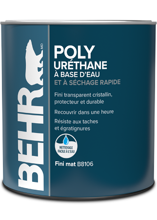 Can of Behr Fast Drying Water Based Poly Urethane, interior