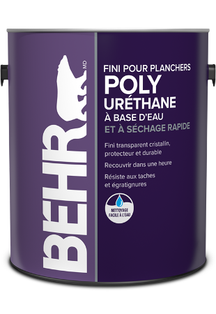 Can of Behr Fast Drying Water Based Poly Urethane Floor Finish, interior