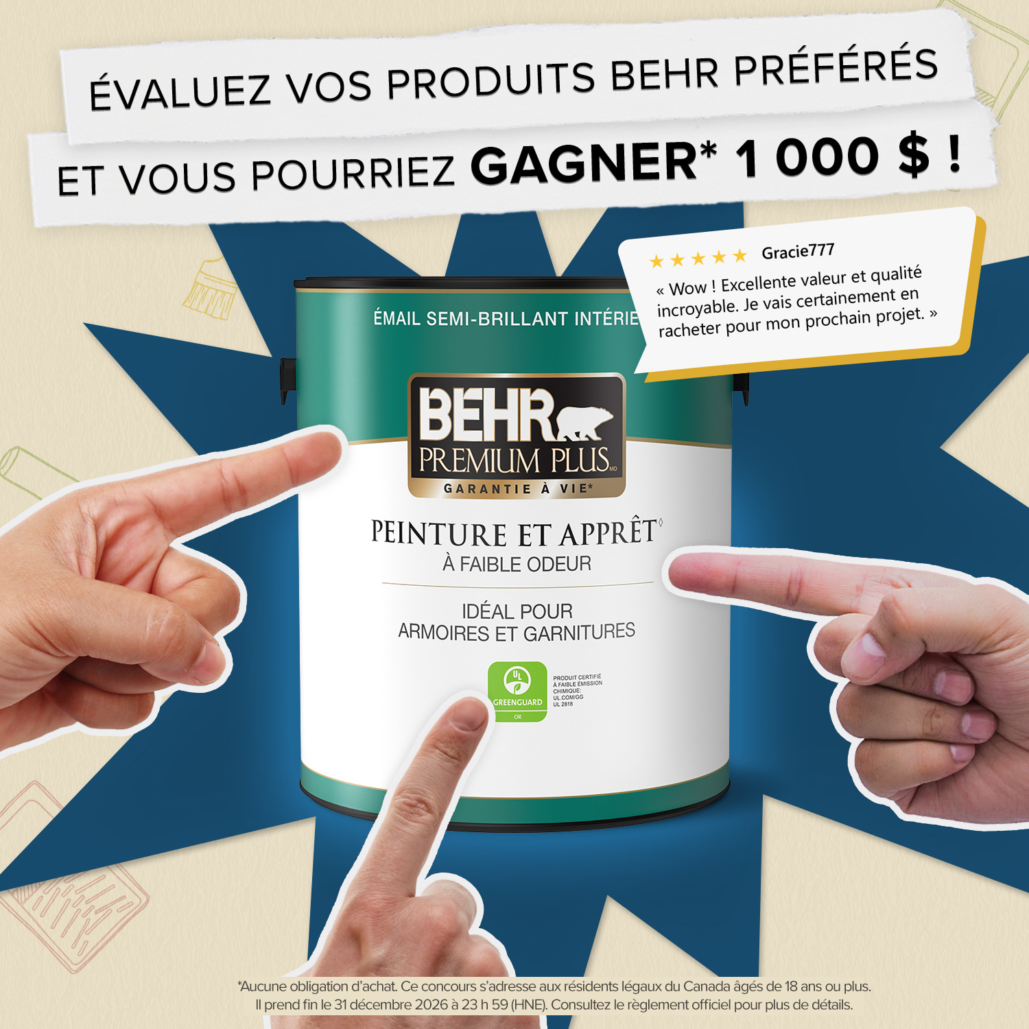 Rate & Win Sweepstakes 2026 image with a paint can and positive review.