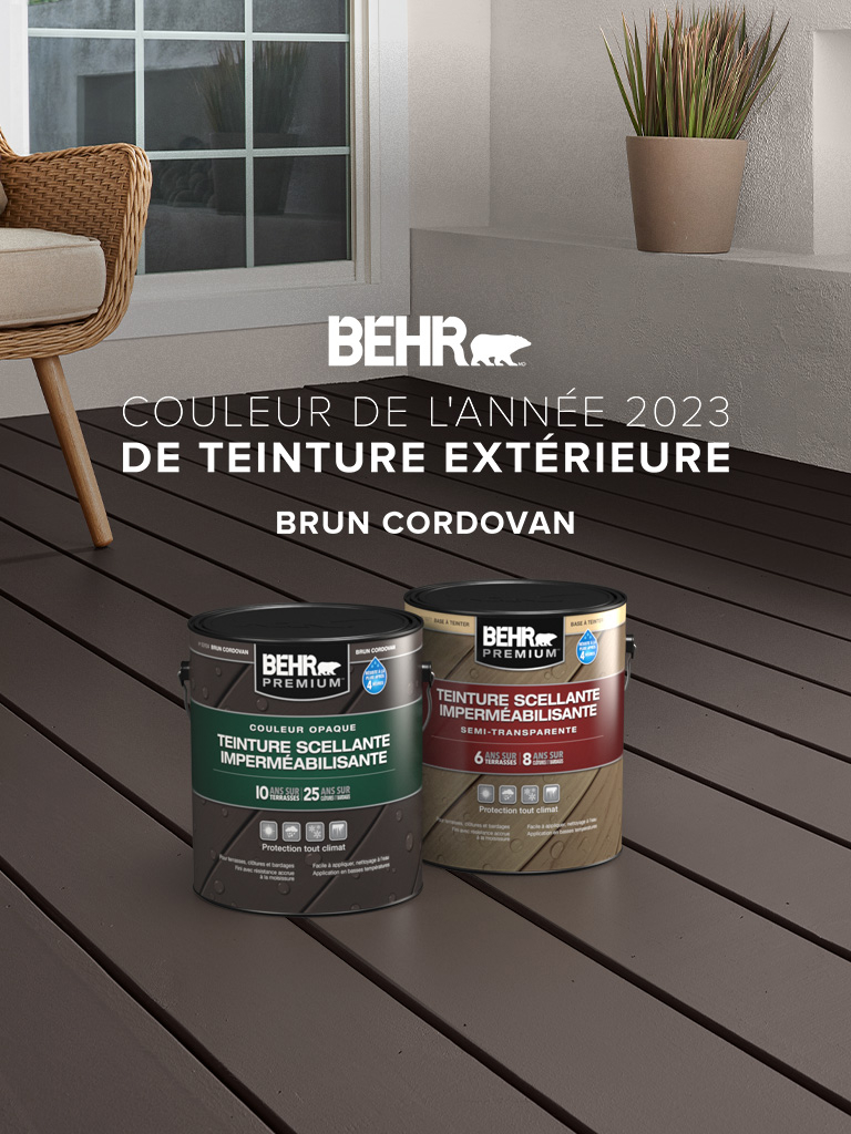Mobile-sized image of a wooden deck stained in Cordovan Brown, featuring Behr 2023 Color of the Year, Cordovan Brown