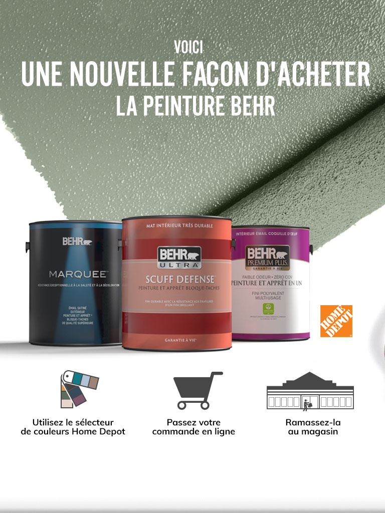 Mobile-sized image of Behr Interior paint cans with a paint roller in the background and text overlay that says Introducing a new way to shop for Behr Paint