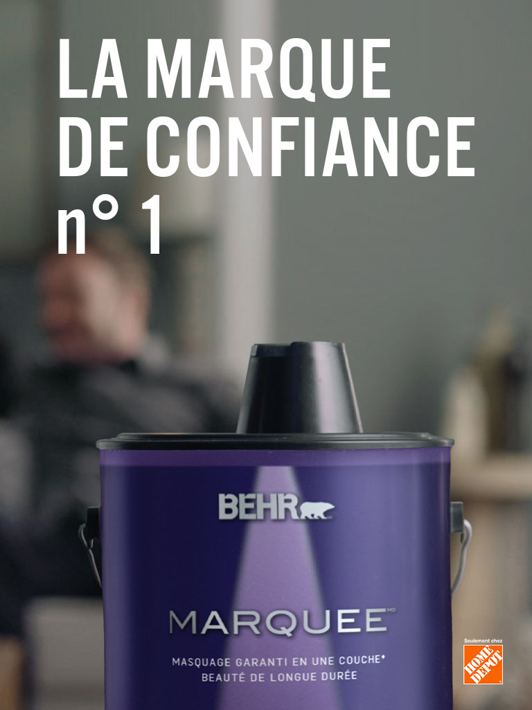 Mobile-sized image of a can of BEHR MARQUEE interior paint and the words #1 Trusted Paint Brand in foreground.