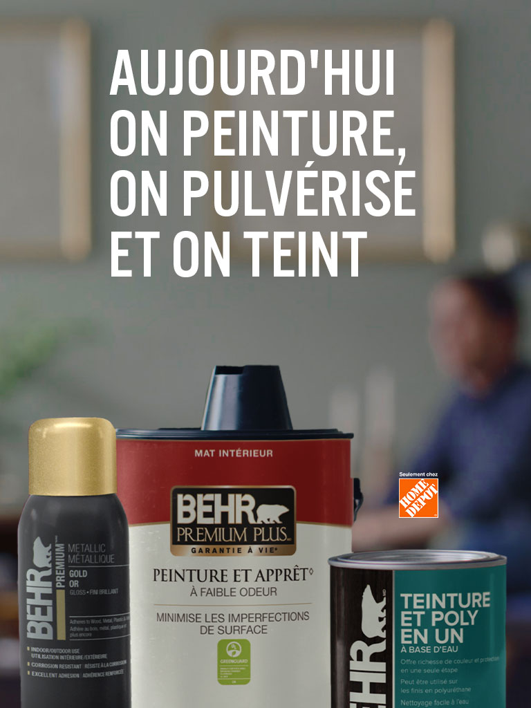 Mobile-sized image of cans of BEHR products and the words Today Let's Paint, Spray & Stain in foreground.