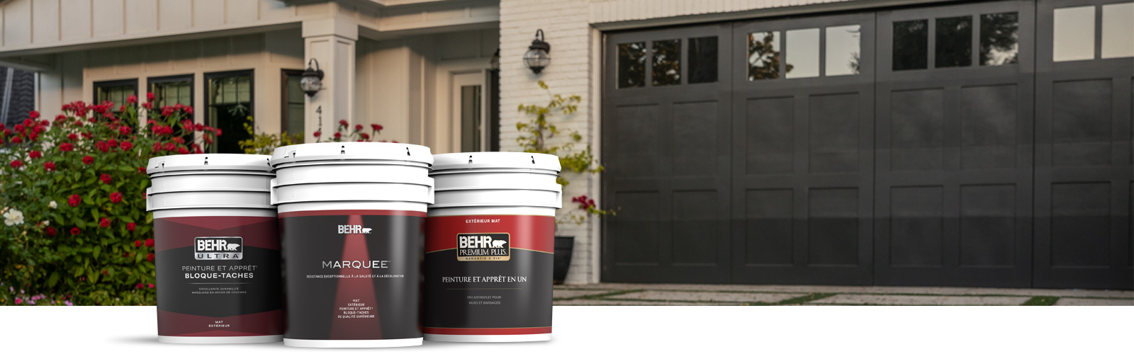 Behr Pro exterior products landing page desktop image with 5 gallon cans.