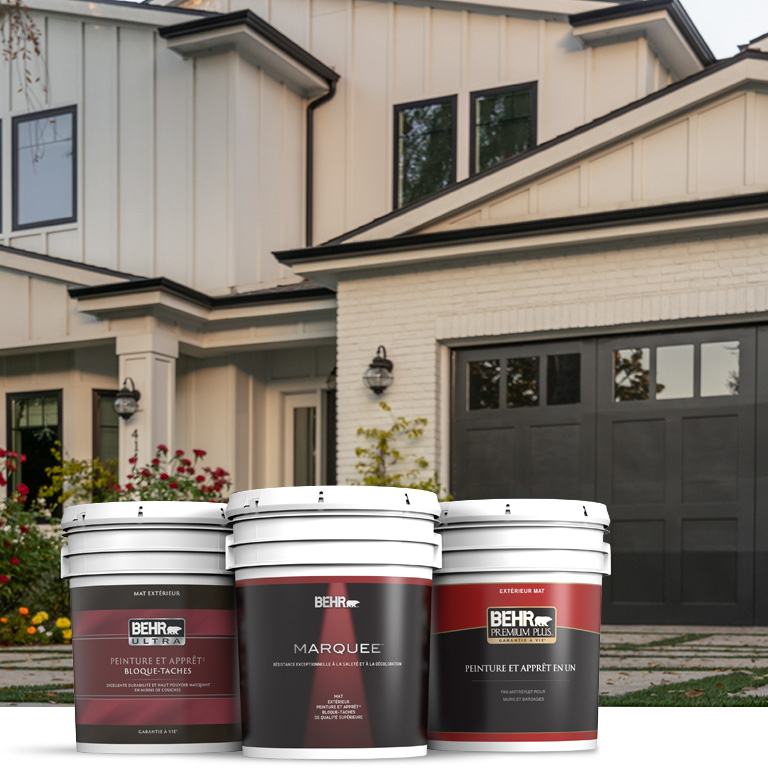 Behr Pro exterior products landing page mobile image featuring 5 gallon cans.