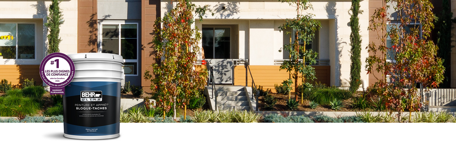 Behr Pro exterior Ultra products landing page desktop image featuring 5 gallon Ultra can.