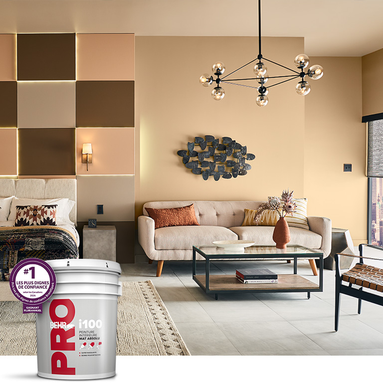 Mobile version of BEHR PRO interior i100 products landing page mobile image featuring 5 gallon i100 can.