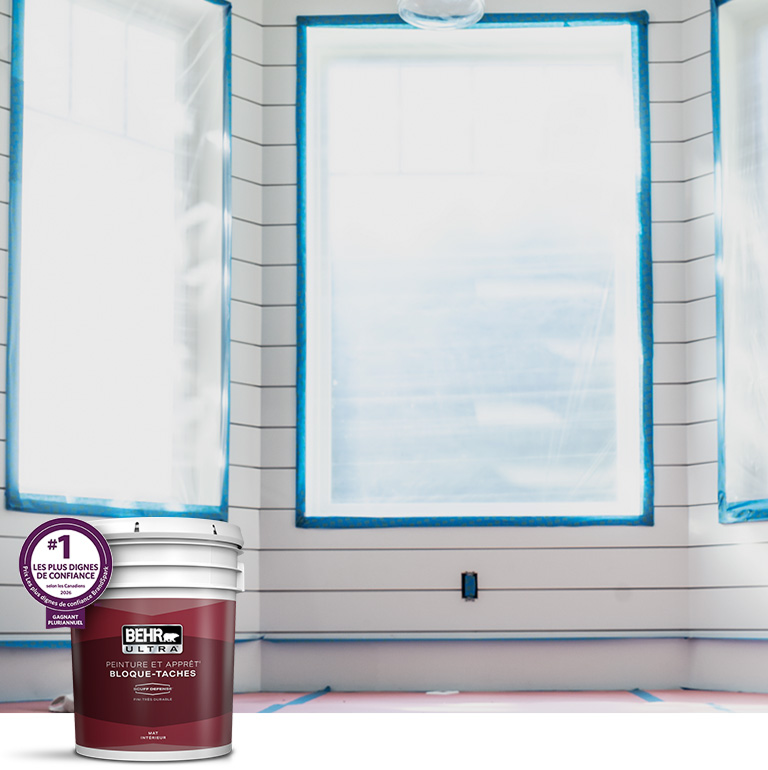 Mobile version of BehrPro interior Ultra products landing page desktop image featuring 5 gallon Ultra can.