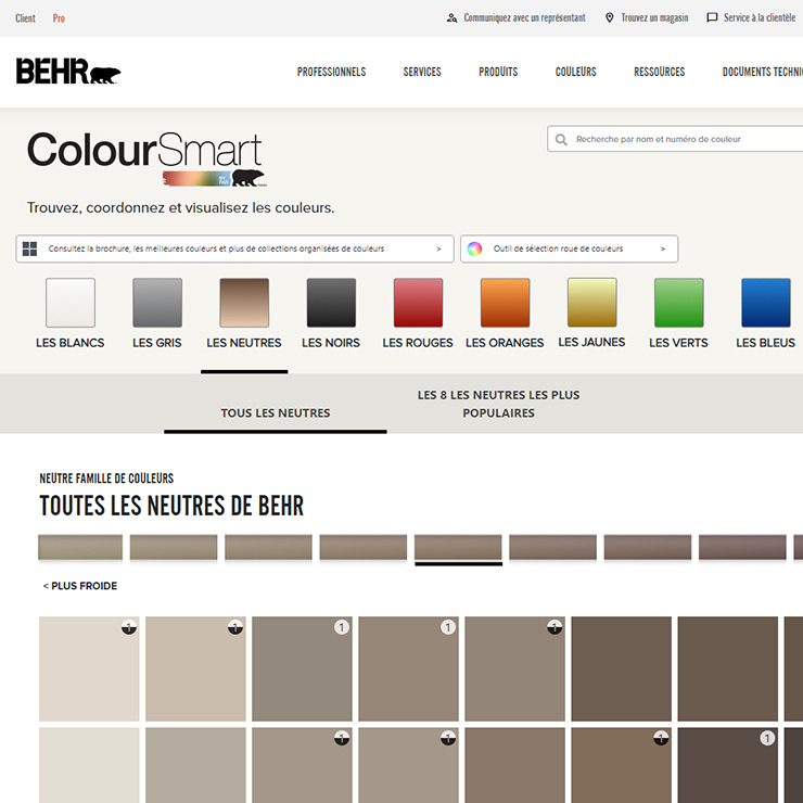 A close up view of a screen shot of BEHR ColourSmart tool. The image of the tool has different colour tabs and is displaying the green tab with several colour chips