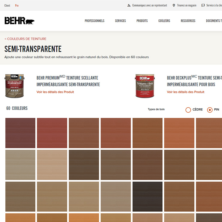 A close up view of a screen shot of BEHR Wood Stain Coatings tool. The image of the tool has different tabs and is displaying several colour chips.