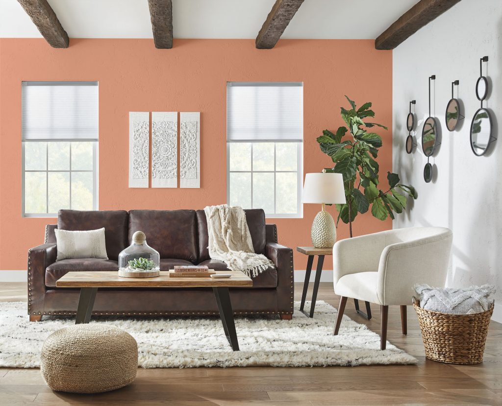 Un salon avec un mur d'accent peint dans une teinte vive d’orange pêche