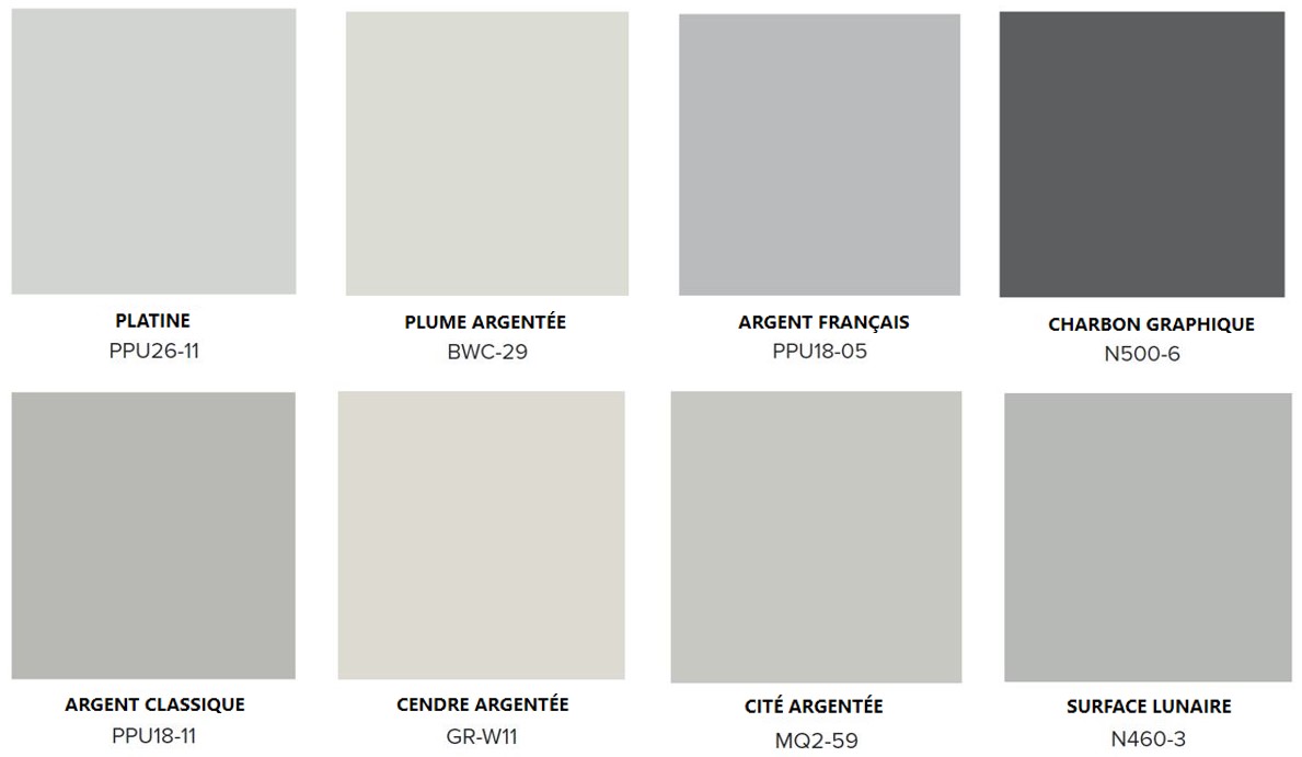 Une palette de huit couleurs de peinture grise différentes