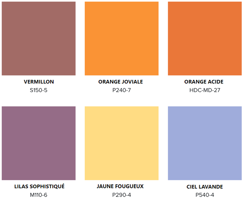 Une palette de six couleurs - Vermillon, Orange joviale, Orange acide, Lilas sophistiqué, Jaune fougueux, Ciel lavande