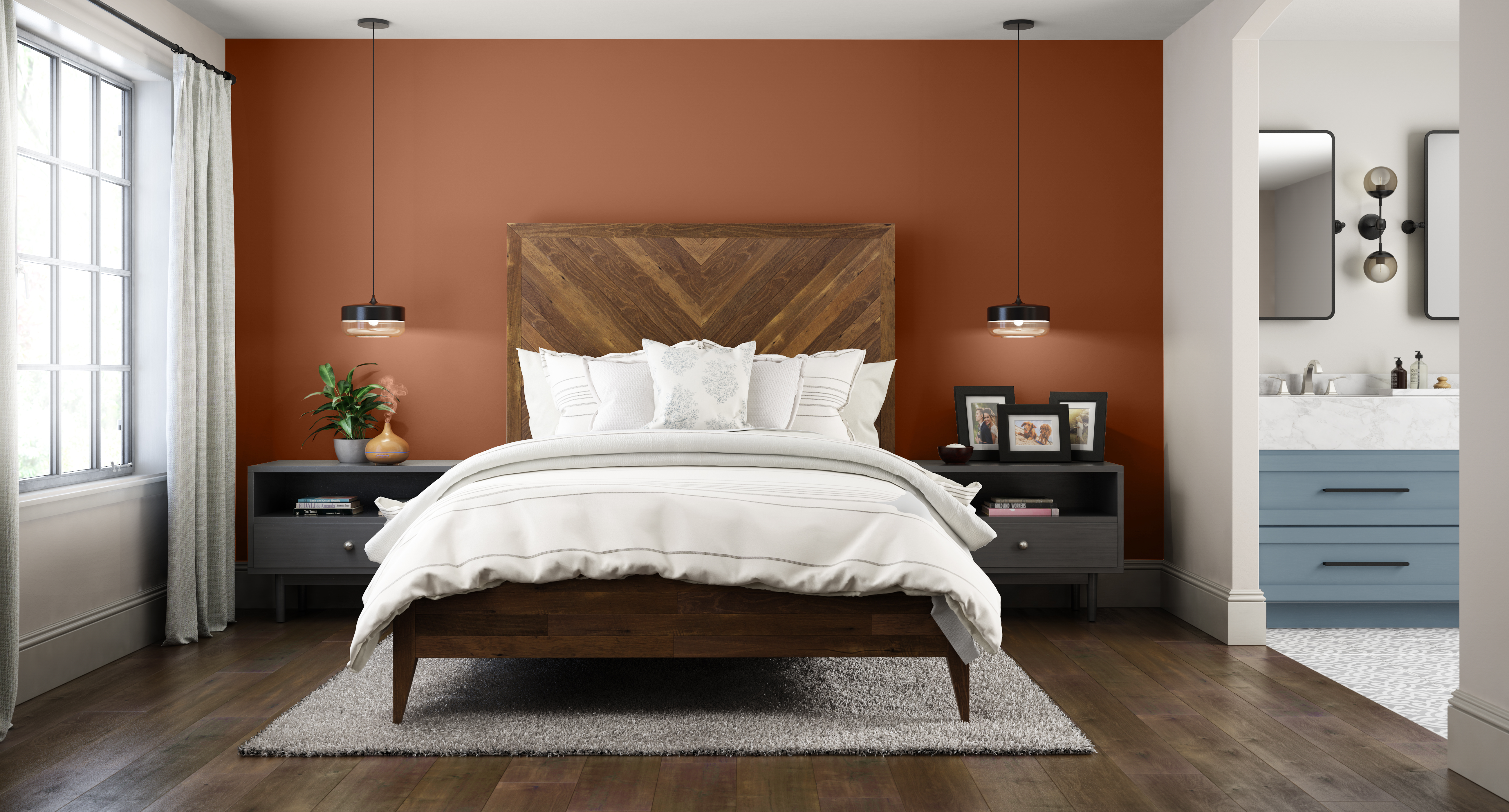 Une chambre à coucher industrielle moderne avec un mur d'accent dans la couleur Flambé à l’orange 