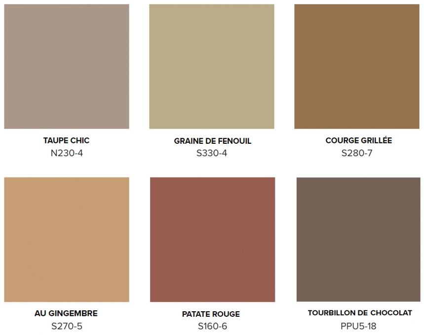 Une palette de six couleurs – Taupe chic, Graine de fenouil, Courge grillée, Au gingembre, Patate rouge et Tourbillon de chocolat