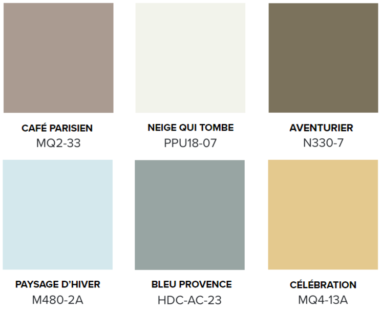 Une palette de six couleurs – Café parisien, Neige qui tombe, Aventurier, Paysage d’hiver, Bleu Provence et Célébration