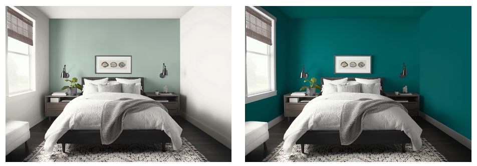 Deux chambres identiques, côte à côte. L'une a des murs blancs et un mur accent vert tendre. L'autre est peinte d’un turquoise profond et audacieux.