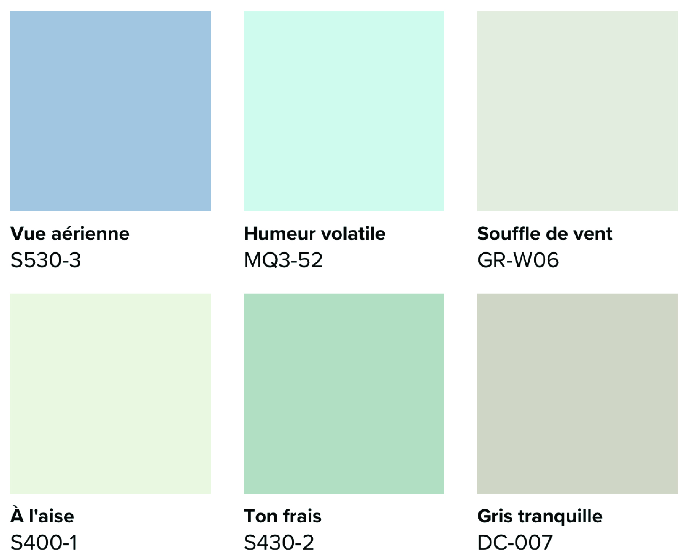 Une palette de couleurs avec des teintes bleues, vertes et neutres.