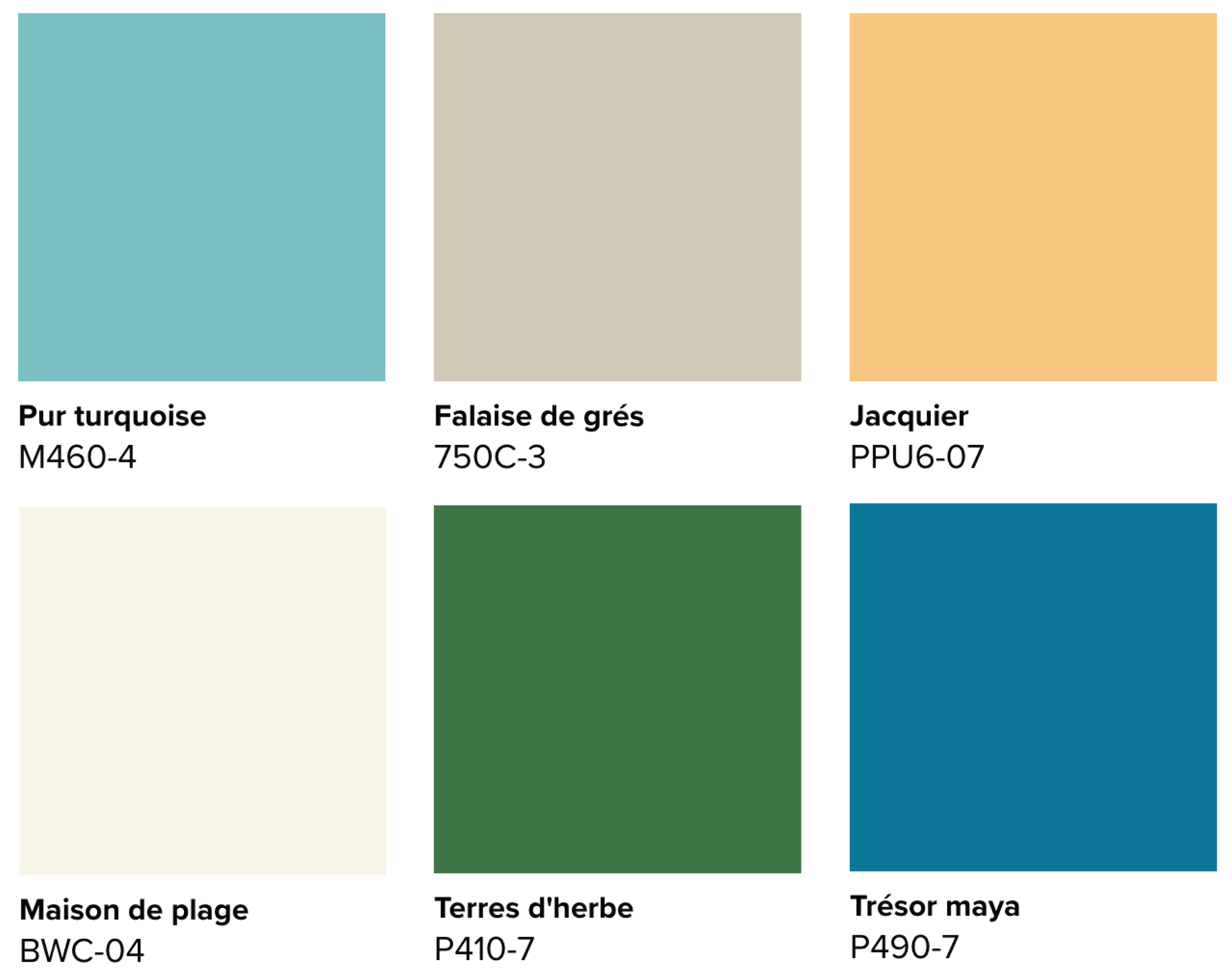 Cette image montre une palette de couleurs vibrantes comprenant des bleus intenses, un jaune citronné, un vert herbacé, un gris sablonneux et un blanc nacre.