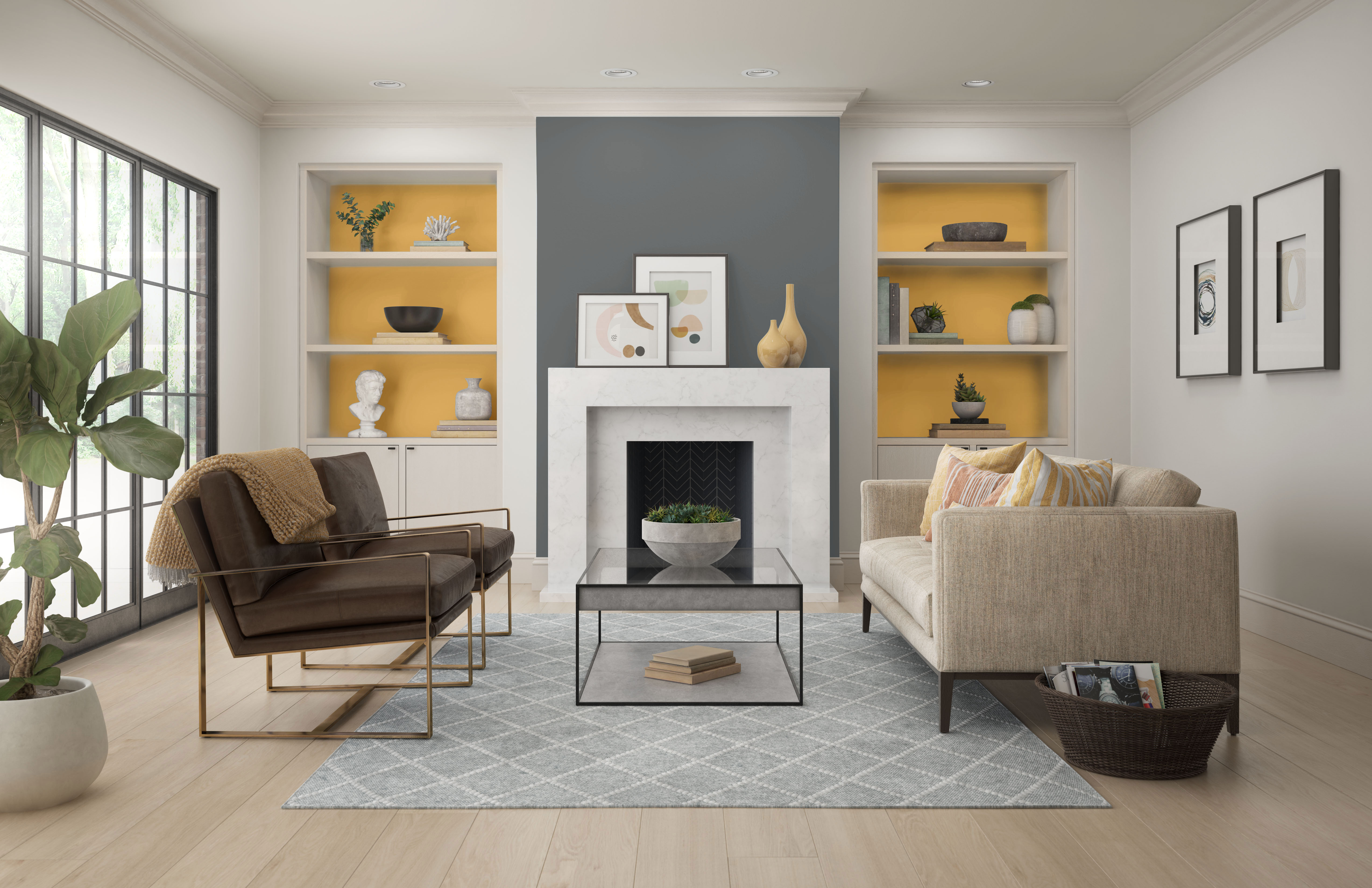 Cette image montre un salon contemporain dont le mur de la cheminée est peint en gris foncé. De chaque côté de celle-ci se trouvent des étagères encastrées dont le fond est peint avec un jaune éclatant, ce qui confère une touche de couleur à cet espace moderne.