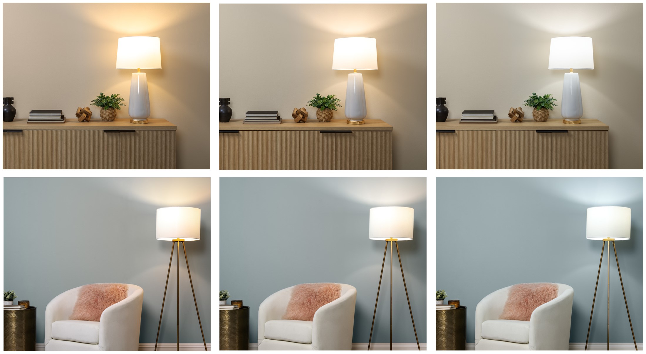 Cette image montre deux rangées de trois photos de deux décors différents placées côte à côte pour illustrer les variations de couleur selon les différents types d’éclairage.