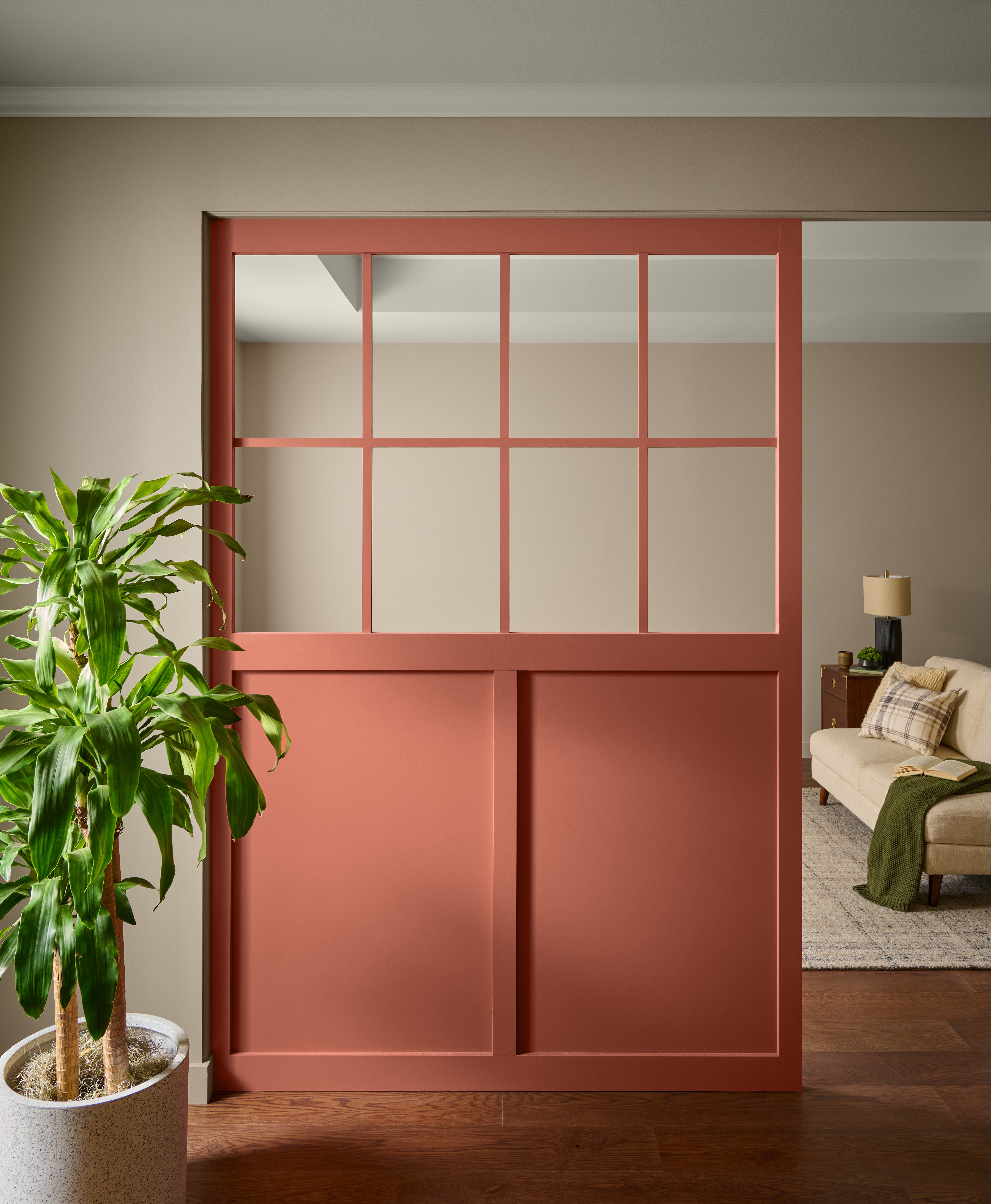 Cette image montre une pièce double divisée par une cloison de séparation de couleur terre cuite devant laquelle se dresse une grande plante verte.