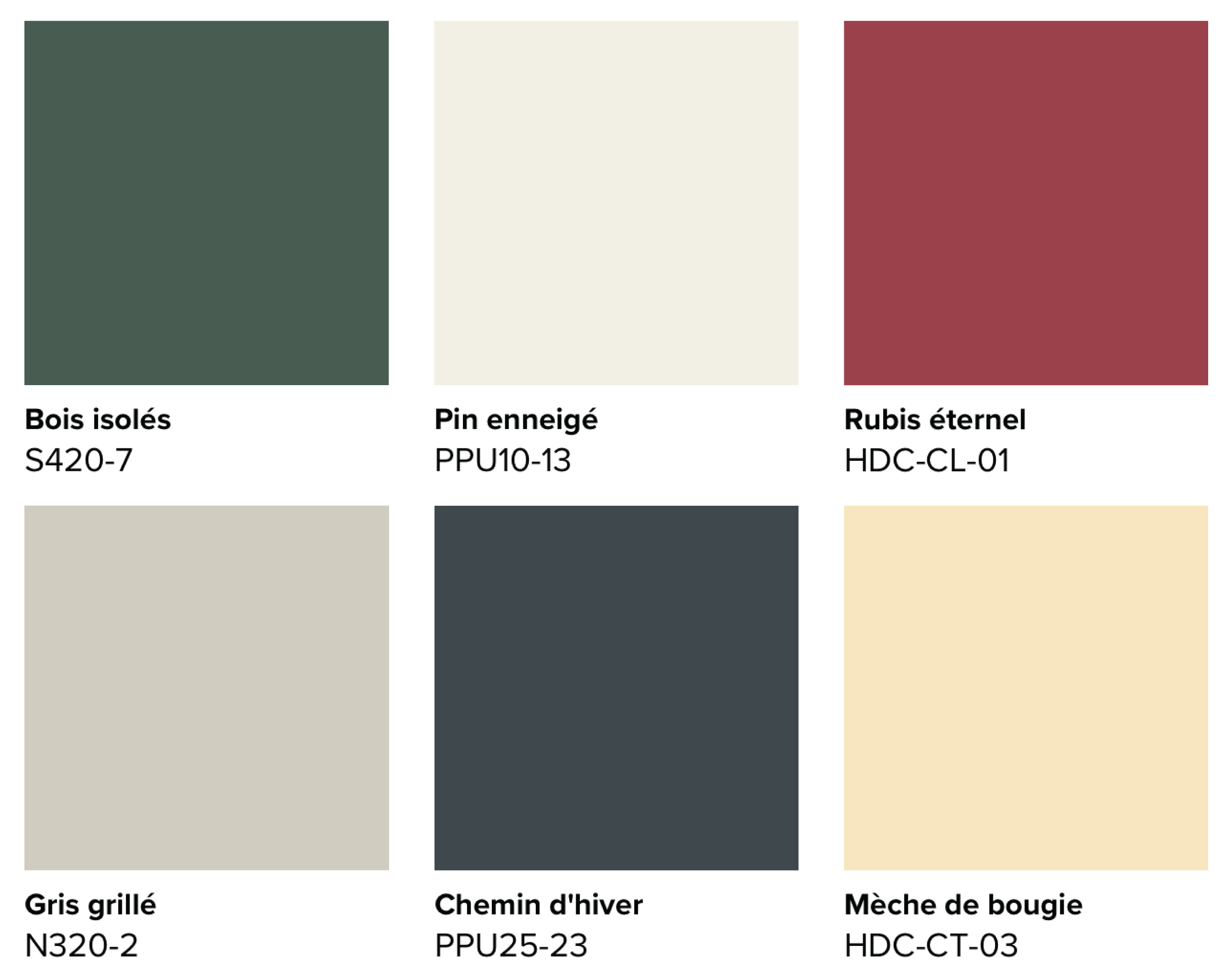 Cette image montre une palette de couleurs comprenant un vert et un bleu profonds, deux tons de crème, un rouge rubis et un jaune chaleureux.