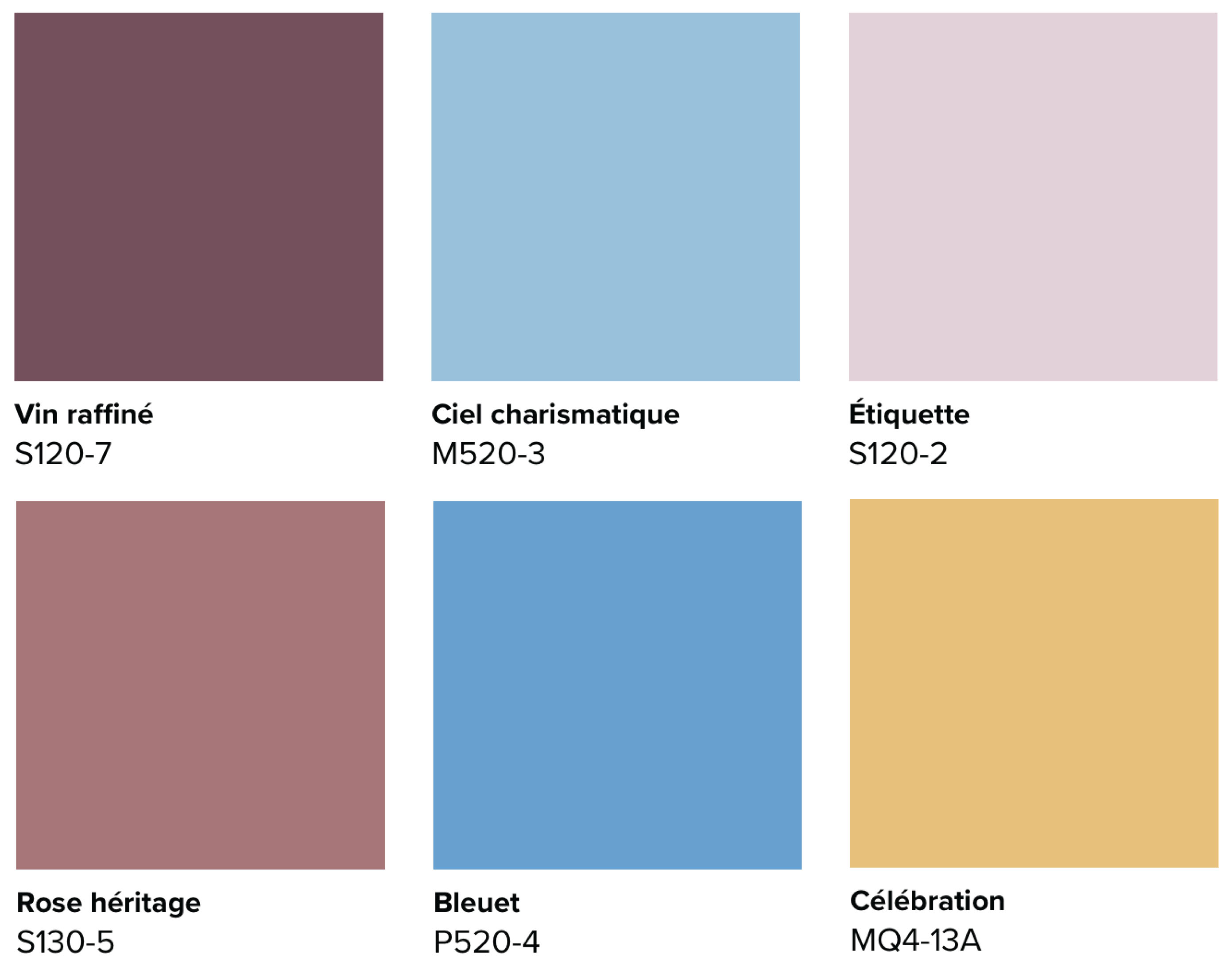 La palette Héritage moderne propose une sélection soigneusement choisie de couleurs, qui comprend un rouge profond, deux bleus saturés, deux vieux roses et un jaune doré au ton chaud.