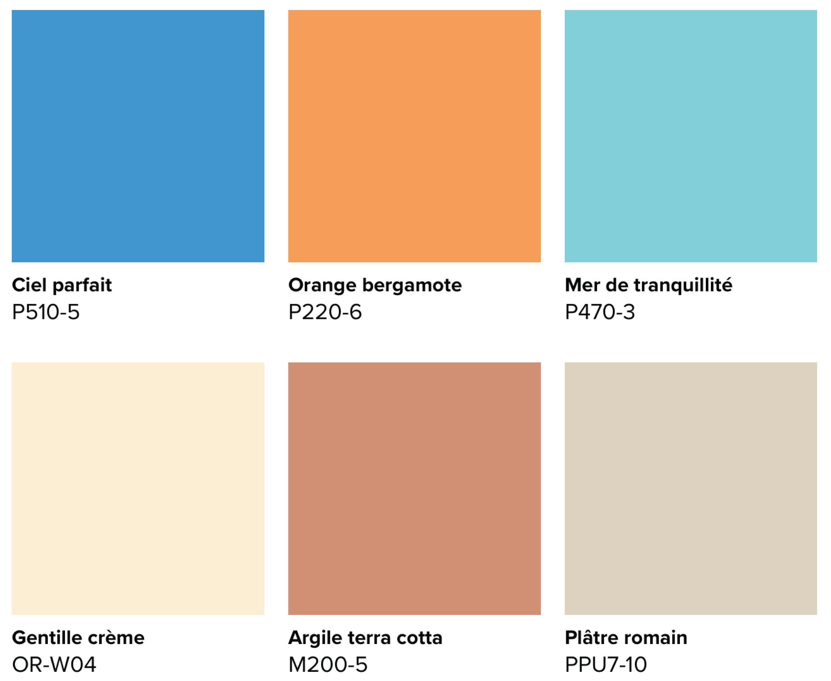 Cette image montre la palette Au cœur de Capri qui propose deux teintes de bleu, une teinte orangée, une teinte de terre cuite et deux teintes neutres.