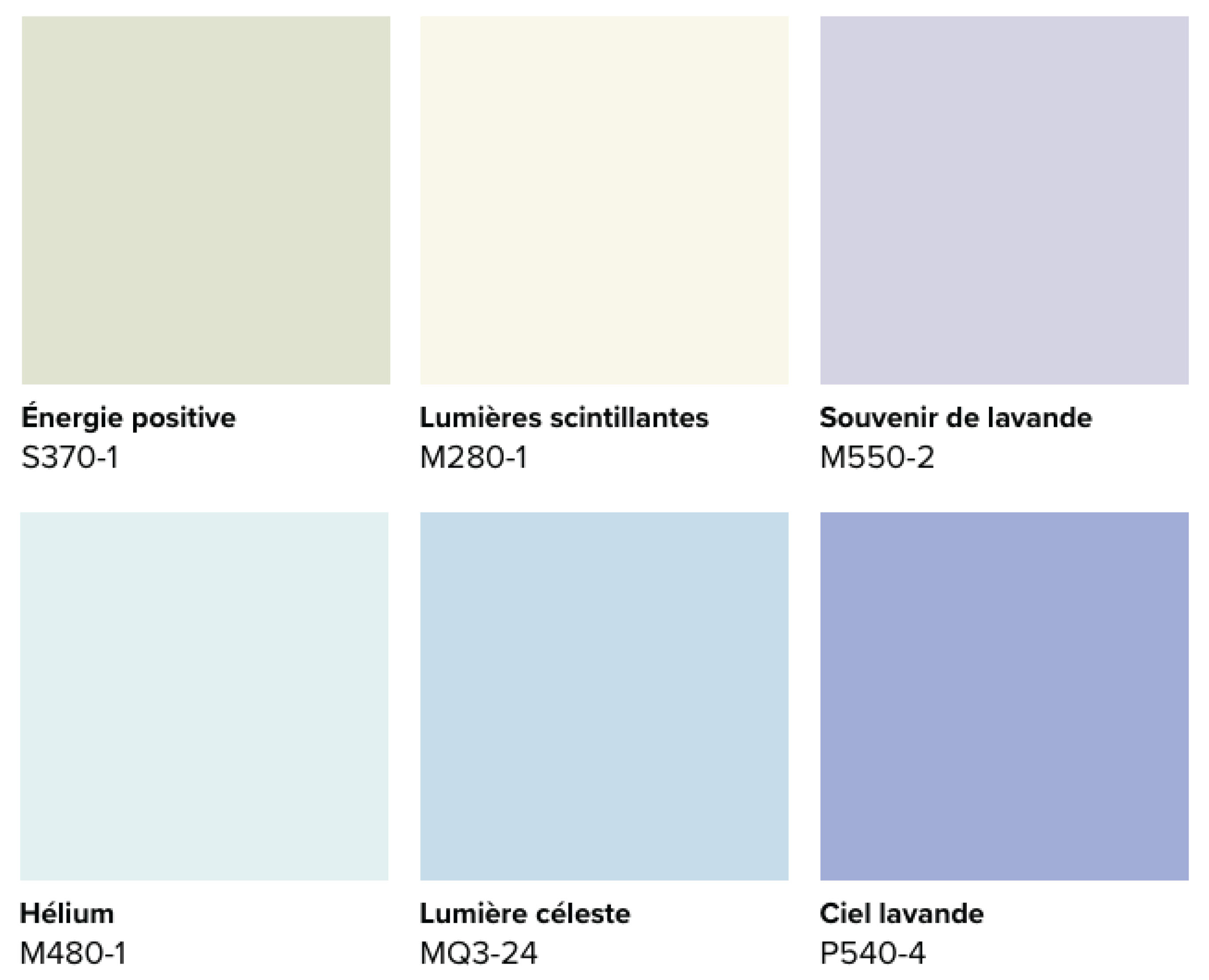 La palette de couleurs pastel Éclat céleste de BEHR met en vedette de ravissantes nuances de lavande pâle, de vert menthe, de bleu ciel, de bleu-vert et de blanc cassé au ton chaud.