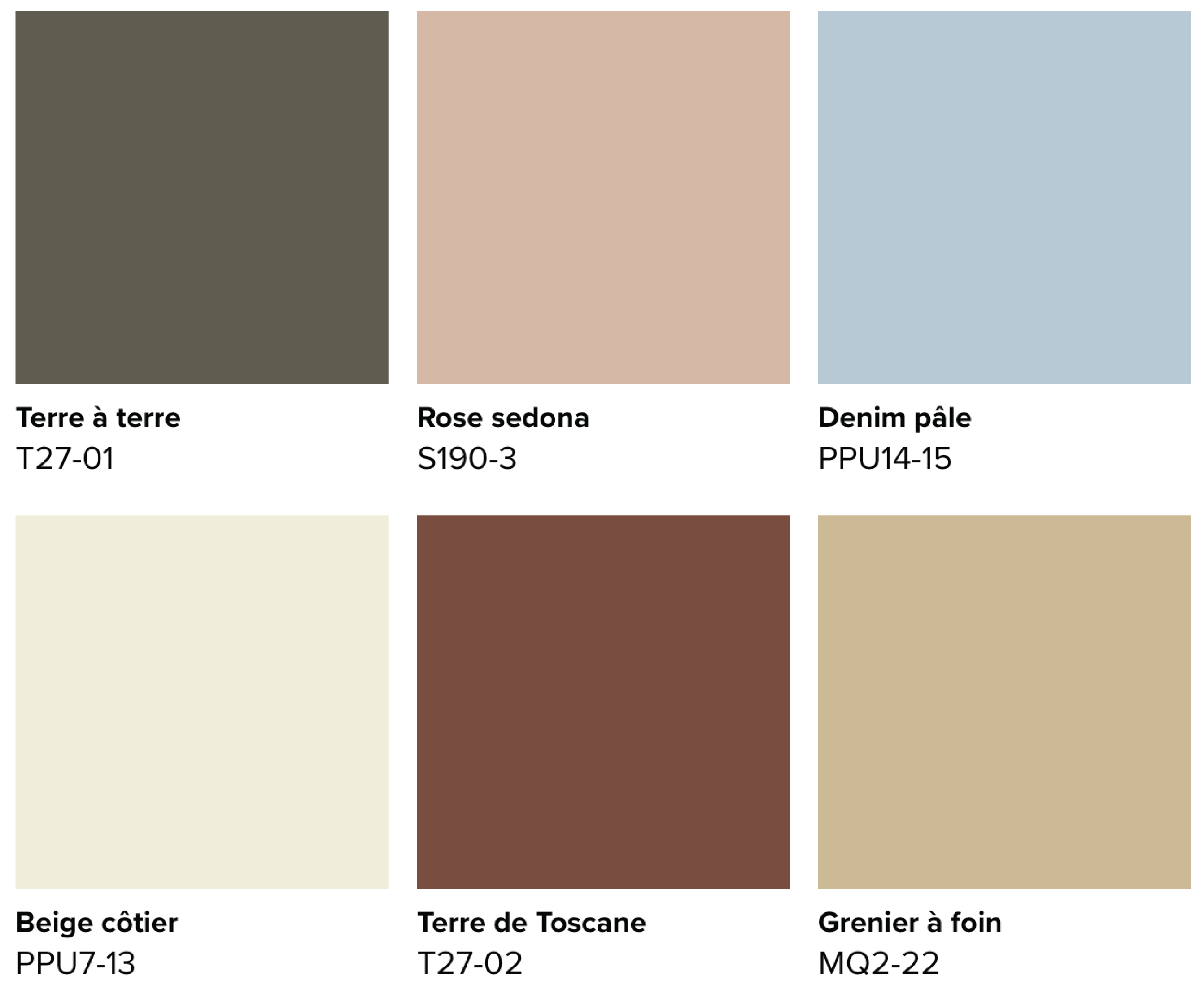 Cette image montre la palette de tons terreux élémentaires de BEHR, soit six couleurs inspirées par la terre, le ciel et les paysages de la nature: Terre à terre (T27-01), Beige côtier (PPU7-13), Rose Sedona (S190-3), Terre de Toscane (T27-02), Grenier à foin (MQ2-22) et Denim pâle (PPU14-15).