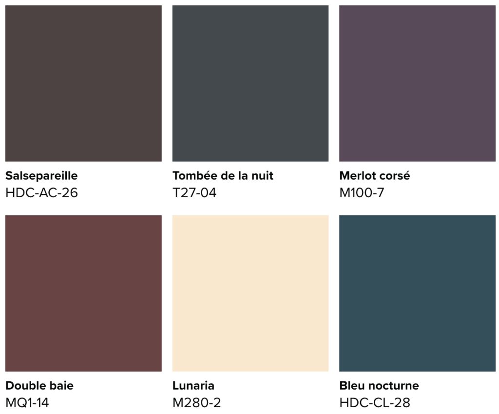 La palette de couleurs gothico-fantaisistes «Nuits mystiques» comprend les six couleurs suivantes: Salsepareille (HDC-AC-26), Tombée de la nuit (T27-04), Merlot corsé (M100-7), Double baie (MQ1-14), Lunaria (M280-2) et Bleu nocturne (HDC-CL-28).